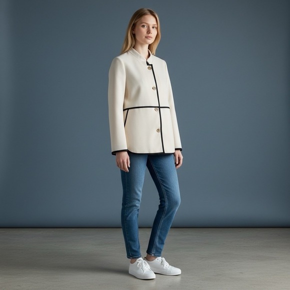 J.CREW Jackets & Blazers - J.Crew Tipped Twill Jacket Blazer Cream Off White Mandarin Collar B8544 Sz 4 NEW